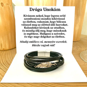 Fekete Bőr KARKÖTŐ - Drága Unokám - Büszke vagyok rád ❤ P122 - egyedinyaklanc.hu