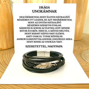 Fekete Bőr KARKÖTŐ(Tollas) - Drága Unokám❤ P89 - egyedinyaklanc.hu